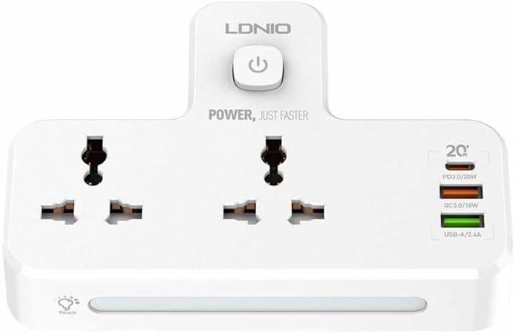 Ldnio SC2311 Portable Extension Power Strip With 2 AC Power Socket And 3 USB Port, 2500 Watt Power And Night Lamo - White