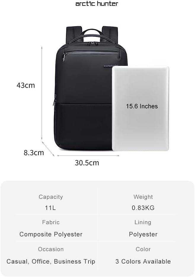 Arctic Hunter Slim Laptop Backpack 15.6" – Lightweight Water-Resistant Business Backpack 16L for Men & Women, B00681 Black - Image 4