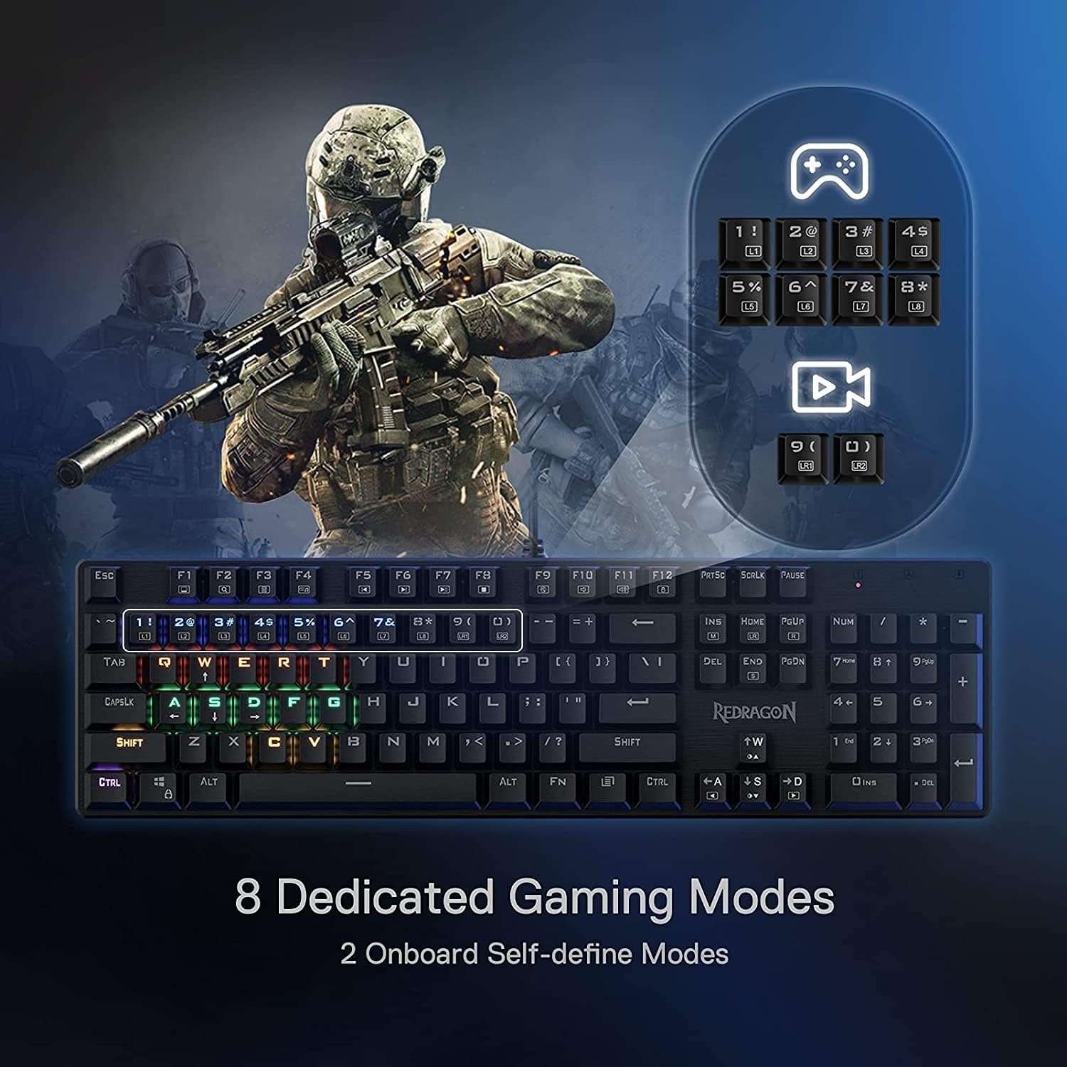 كيبورد ألعاب ميكانيكي Redragon K608-R Valheim، مفاتيح Red Switch، إضاءة Rainbow LED، 104 مفتاح، Anti-Ghosting - الصورة 3
